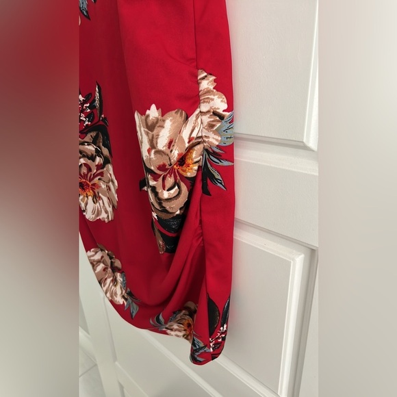 Curlbiuty Red Floral Bodycon Ruched Surplice Neck Knee Length Stretch Dress - Picture 5 of 7